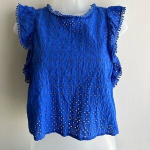 Zara Boho Top Royal Blue Eyelet Ruffle Sleeve Top Size Small